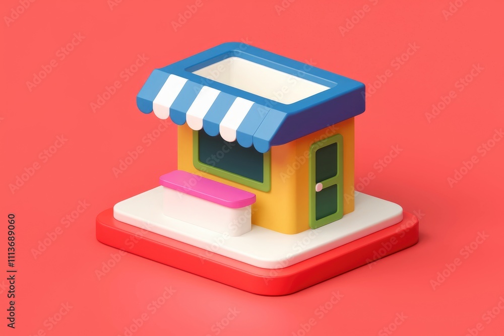 Poster a colorful 3d model of a small shop on a red background