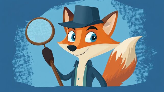 A cartoon fox wearing a hat and holding a magnifying glass.