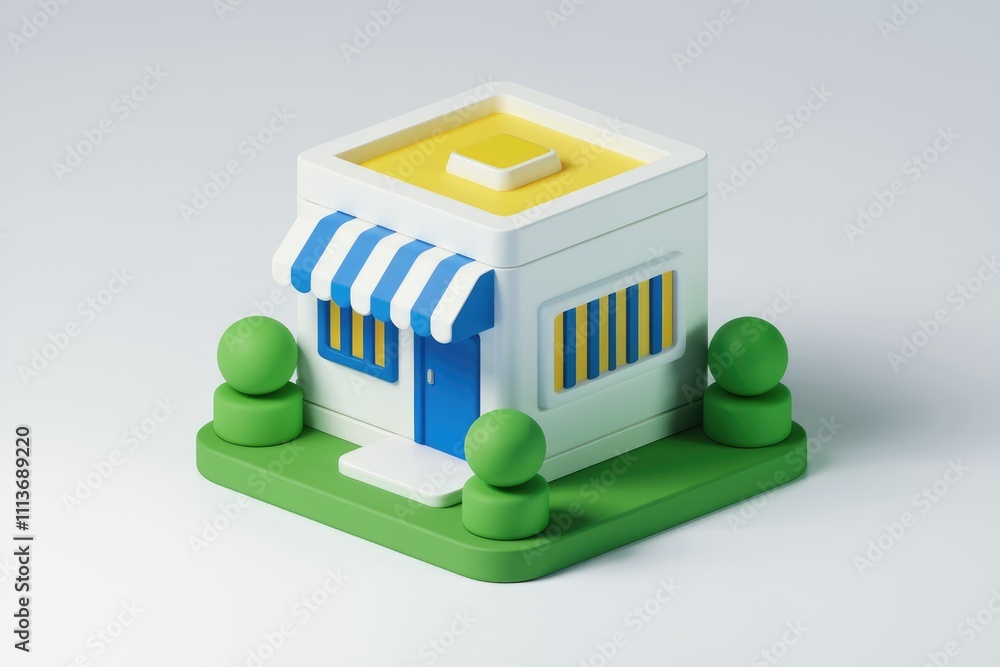 Poster A 3D rendering of a simple white building with a blue door and awning.