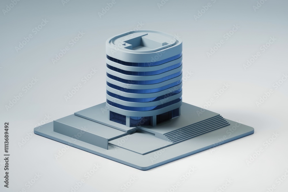 Poster A minimalistic 3D rendering of a modern office building with blue glass windows.