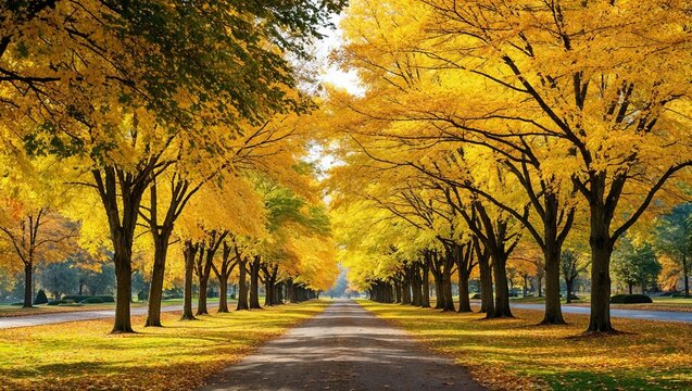 Golden leaves carpet the winding path through the tranquil autumn forest