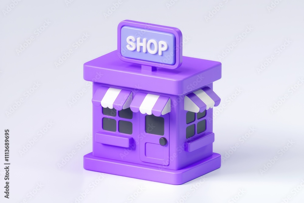 Poster a 3d rendering of a purple shop building with a sign and awning.