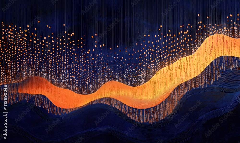 Poster abstract wave pattern with orange and blue hues, dynamic lines and dots create a vibrant visual effe