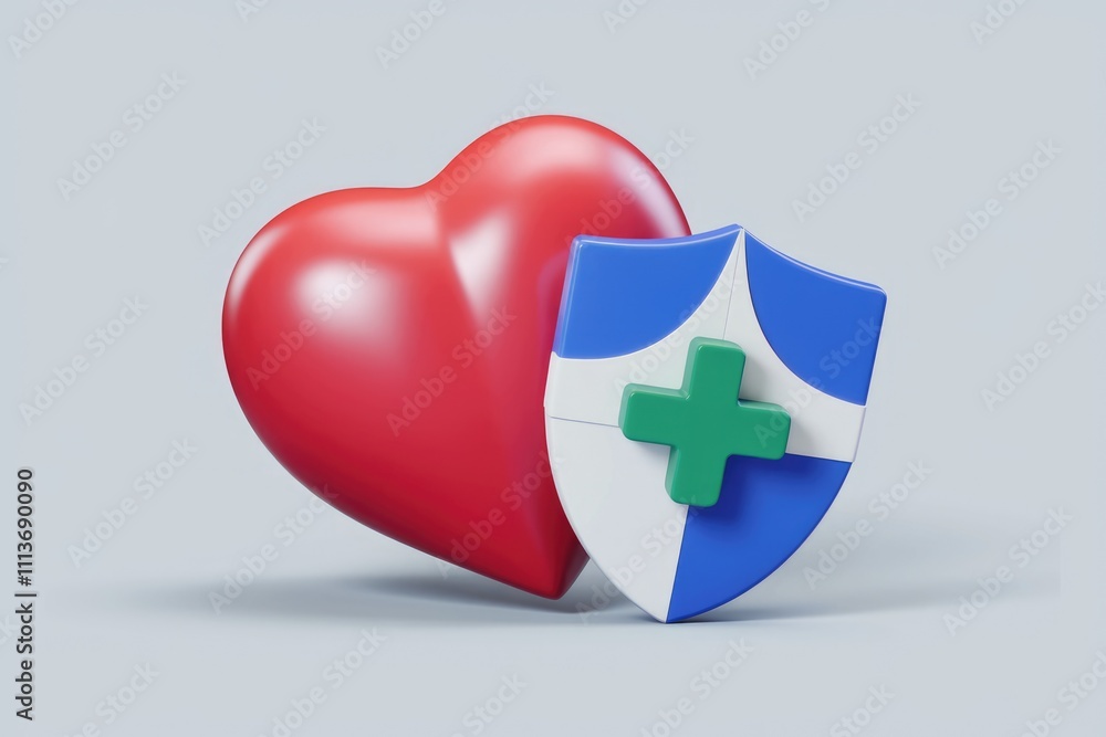 Poster Red heart protected by a shield with a green cross.