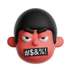 3d angry curse emoji icon. Cartoon boy swearing with censor emoticon isolated on transparent background