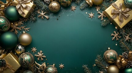 Elegant Christmas on Green and Gold Background with Empty Space