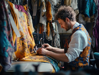costume designer focused on sewing intricate fabrics in vibrant workshop. colorful textiles and detailed work reflect creativity and craftsmanship