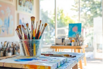 Vibrant artist studio with brushes in a glass jar and colorful palette on a sunny day. Generative AI