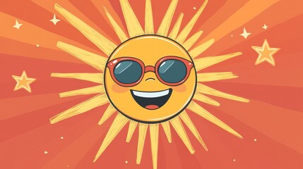 Smiling sun wearing sunglasses in cartoon style.
