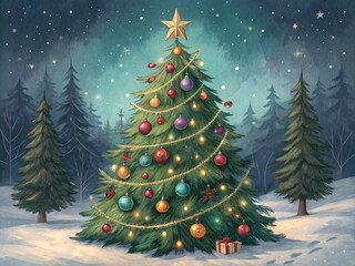 Christmas tree decorated with ornaments, lights, and a star topper. Generative ai