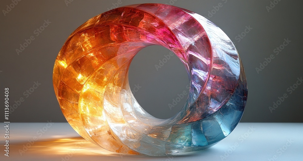 Poster iridescent transparent ring abstract sculpture with soft reflections and minimalist design