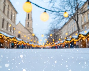 Obraz premium Enchanting Winter Travel Bustling Christmas Market in Snowy Town Square - Perfect for Halloween and New Years Festivities