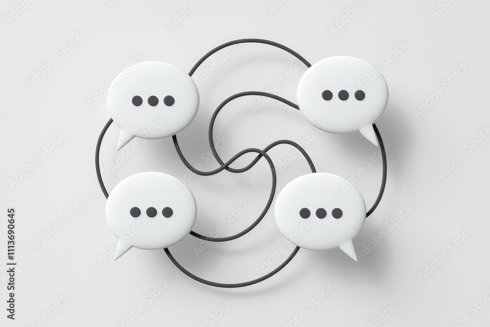 Poster four connected speech bubbles representing communication.