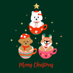 Collection of cute dog in the cup in christmas theme set