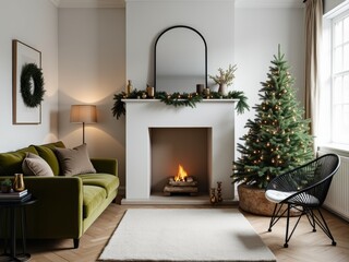 Modern Minimalist Living Room with a Christmas Tree and Elegant Décor