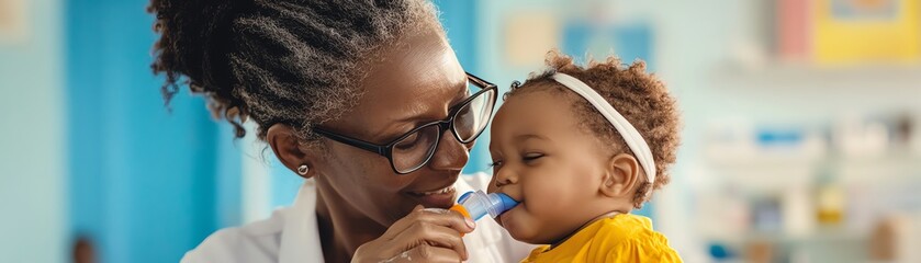 A caregiver using a nasal aspirator to assist a baby