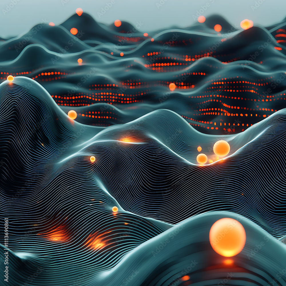 Poster abstract waveform with glowing orange particles. a mesmerizing abstract image of undulating waves an