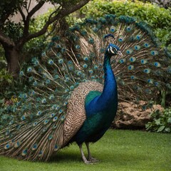 A peacock with its tail fully spread, standing in a lush garden.

