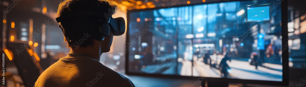 Poster virtual reality experience with programmer testing motion capture technology in futuristic environme