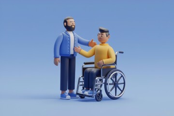A man in a wheelchair is being helped by another man.