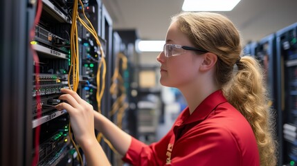 Young technician works on server hardware in a data center during the day