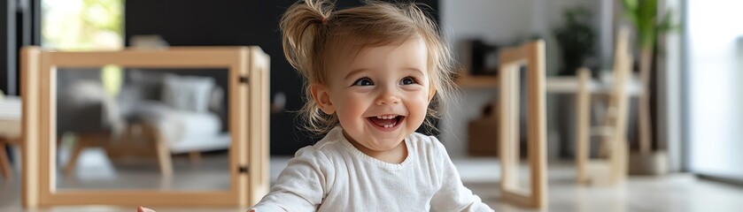 A toddler playing in a room with safety gates and padded corners