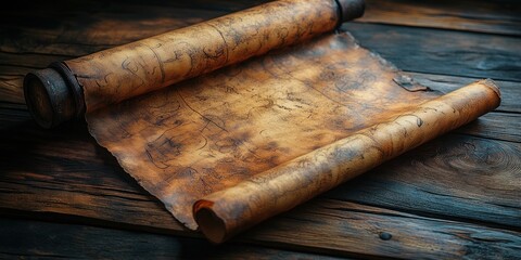 Opened Ancient Scroll on Wooden Surface with Holy Scriptures from Torah and Bible