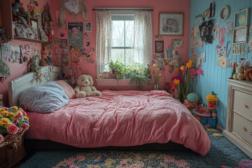 A Pink Bedroom with Abundant Decor and a Plush Teddy Bear
