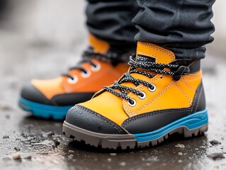 A toddler wearing brightly colored safety shoes