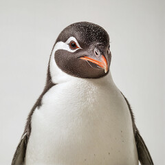 Naklejka premium a Gentoo penguin (Pygoscelis papua) with its white black and orange feathers standing out against a white background.