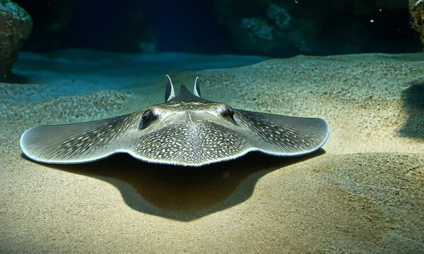 A close-up of a stingray resting on the sandy ocean floor, showcasing its unique shape.