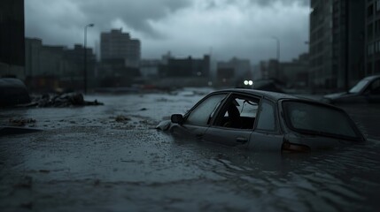 A car is submerged in floodwater after a heavy downpour in the city. The cityscape looms in the background, obscured by storm clouds.