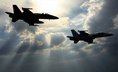 A photograph depicts two fighter jets in the sky, with one silhouette flying high and another flying low below, against a cloudy background. The sun is shining through the clouds above them