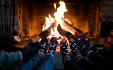 Cozy Winter Evening by the Fireplace: Family Wearing Festive Holiday Socks Warming Up Near Burning Fire in Brick Hearth