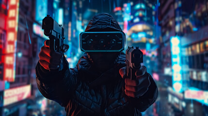 Fototapeta premium Fearless Cyberpunk Warrior: A warrior in a cyberpunk setting, fighting with guns in the night city of the future. The scene features virtual reality elements and a dynamic cyberpunk concept.