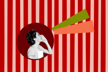 Trend artwork composite banner 3D photo collage of young woman housewife hairdo vintage fashion hand gesture hold proclaim gossip