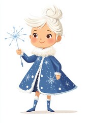 Fototapeta premium Cartoon vector of the Russian Snow Maiden in a blue dress with white fur, holding a magic wand against a plain background. Merry Christmas and Happy New Year