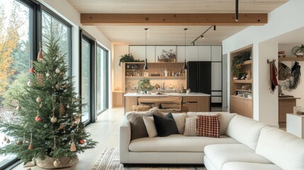 Cozy Modern Living Room Decorated for the Holidays Featuring a Fir Tree, Stylish Furniture, and Inviting Open Kitchen with Natural Light