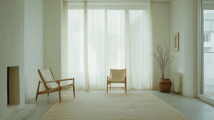 Minimalist Living Room With Two Chairs And Sheer Curtains