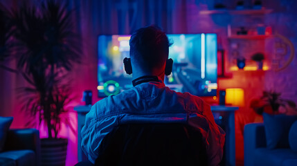 Obraz premium Gamer in Neon Glow: A gamer playing an online game with a joystick controller in a dark cyberpunk room, featuring neon glow and e-sports challenge streaming.