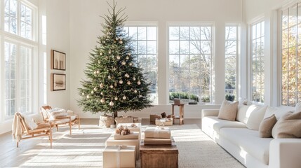 Obraz premium Cozy and Bright Living Room Decorated for Christmas with a Beautiful Tree, Gifts, and Natural Light Streaming Through Large Windows