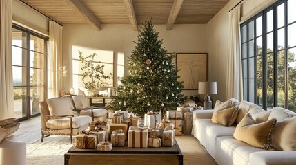 Cozy and Elegant Living Room with a Decorated Christmas Tree Surrounded by Gift Boxes and Warm Natural Light Filtering Through Large Windows
