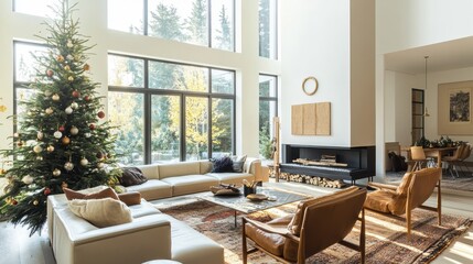 Obraz premium Cozy Modern Living Room with Christmas Tree, Stylish Furniture, Large Windows, and Festive Atmosphere in Bright Contemporary Home Interior