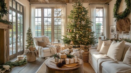 Cozy and Inviting Holiday Living Room Decorated with a Christmas Tree and Warm Tones, Perfect for Seasonal Celebrations and Family Gatherings