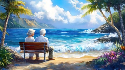 Elderly couple sitting on a bench overlooking a tropical beach, enjoying the ocean view and beautiful scenery.