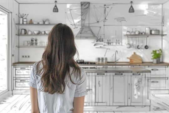 Woman drawing kitchen interior design. Combination of photo and sketch