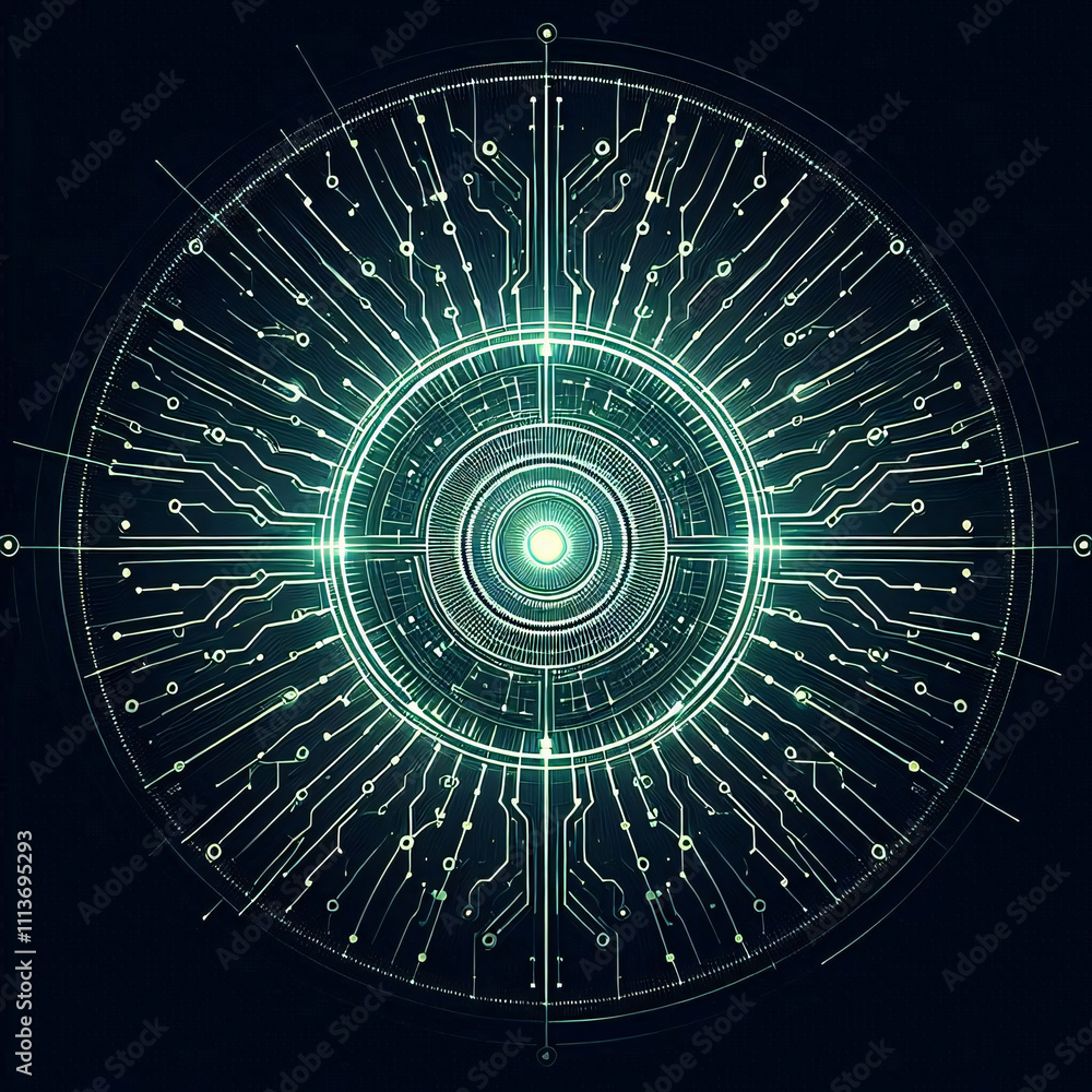 Poster a circular pattern of glowing green lines and circuits on a black background. generative ai.