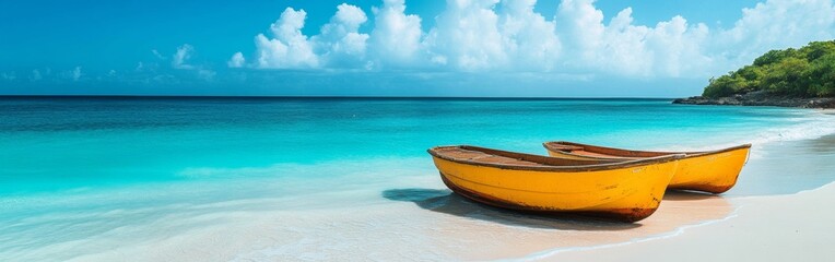 Naklejka premium Bright yellow boats resting on white sandy beach under a clear blue sky at a tropical seaside location