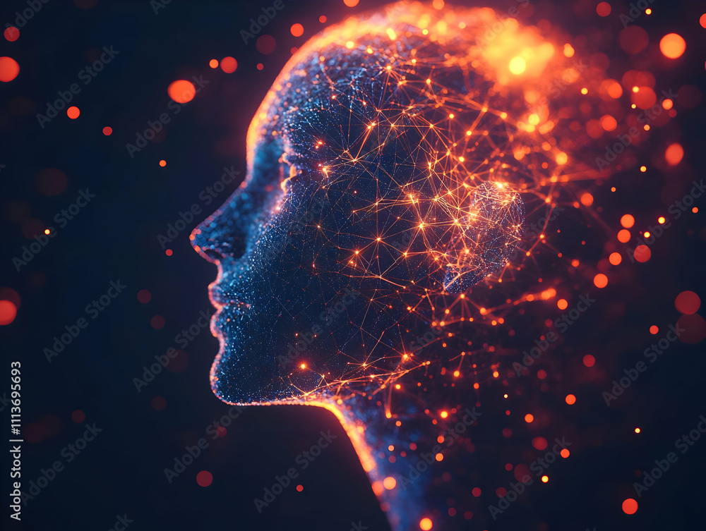 Poster a digital representation of a human head filled with glowing particles and connections.
