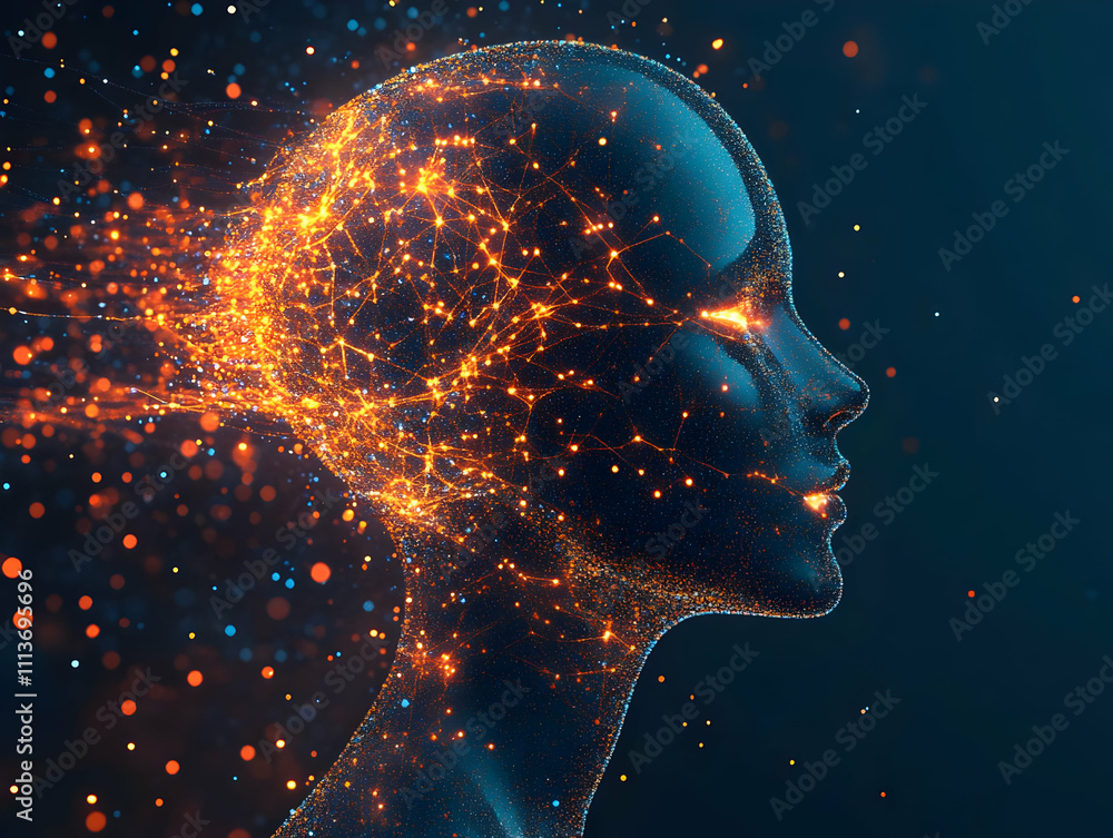 Poster a digital representation of a human head with glowing neural connections and particles.